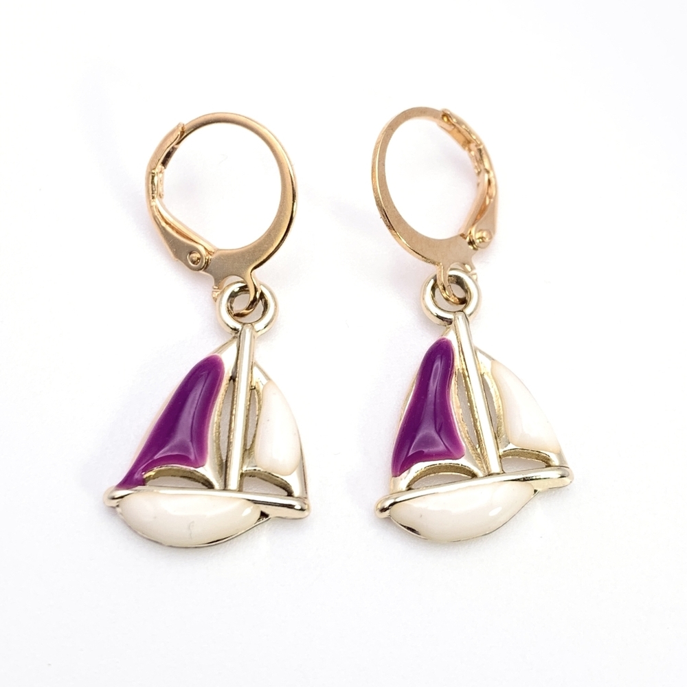 Purple Sailboat Dangle Huggies Hoop Earrings